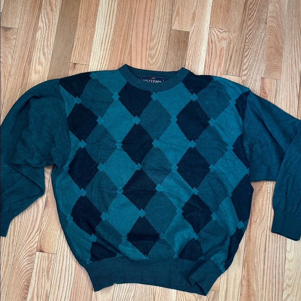 Teal and Black Argyle wool blend Sweater vintage from Les Copains made in Italy